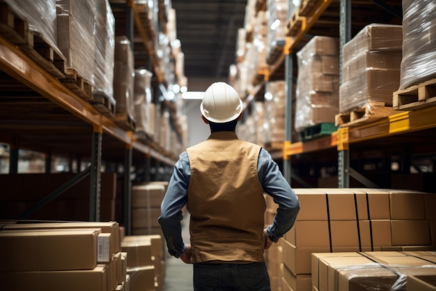 homme avec casque travaillant à l'entrepôt