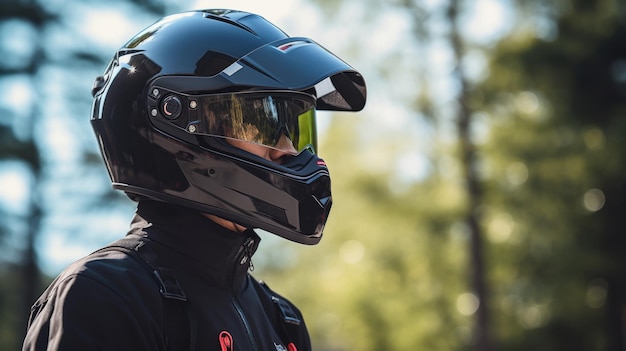 Un homme avec un casque et une veste dans la forêt