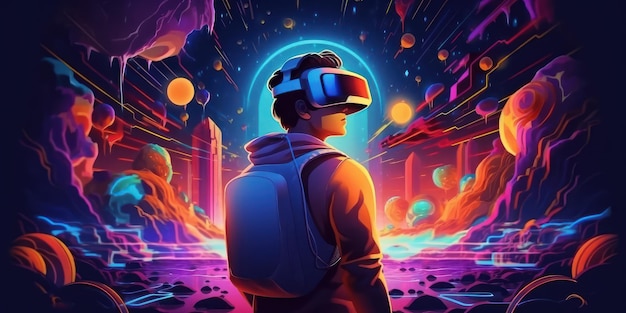 Homme avec casque VR Explorez le verre de réalité virtuelle Metaverse de la technologie moderne Generative Ai