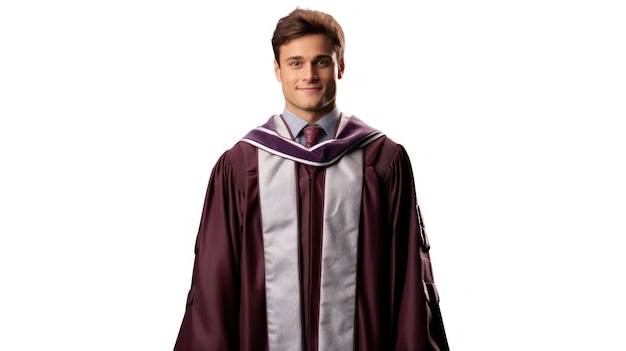 un homme avec une casquette de remise des diplômes se tient devant un fond blanc.