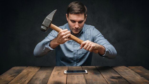 Photo un homme casse un smartphone posé sur une table en bois avec un grand marteau.