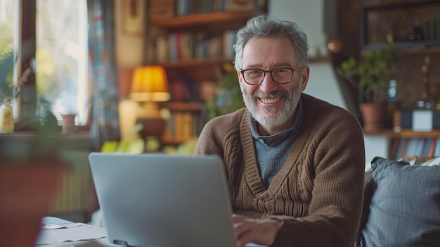 Un homme caucasien adulte et heureux travaille sur son ordinateur portable à la maison.