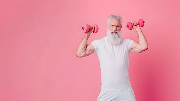 Un homme caucasien âgé fait de l'exercice avec un haltère.