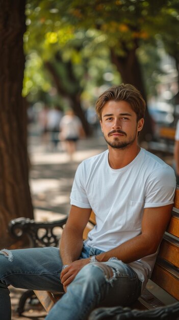 Un homme caucasien assis sur un banc sur le fond d'un parc urbain d'été vert