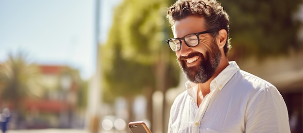 Homme caucasien barbu souriant à l'extérieur et utilisant un téléphone portable pour parler