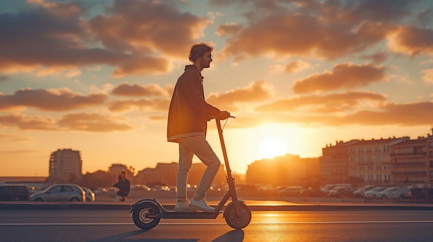 Un homme caucasien est vu sur un scooter électrique au crépuscule