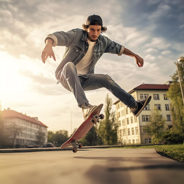 Un homme caucasien faisant des tours ou sautant sur une planche à roulettes dans la rue