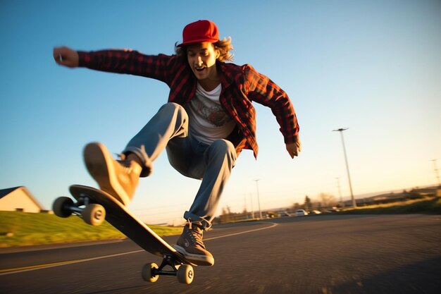 Un homme caucasien faisant des tours ou sautant sur une planche à roulettes dans la rue