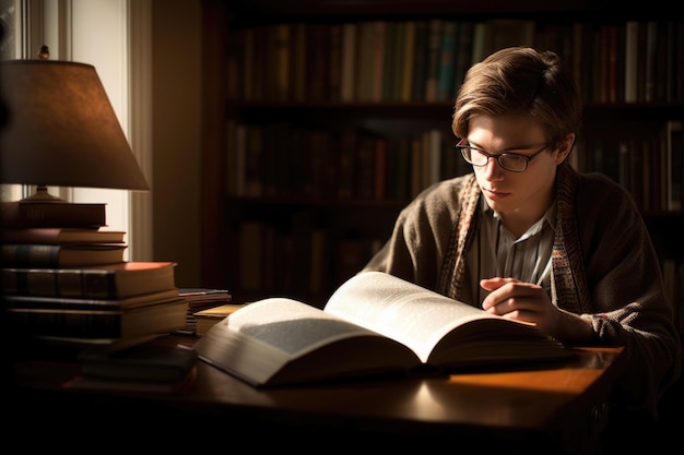 Homme caucasien jeune adulte lisant des livres dans la bibliothèque de la maison détente décontractée AI générative AIG23