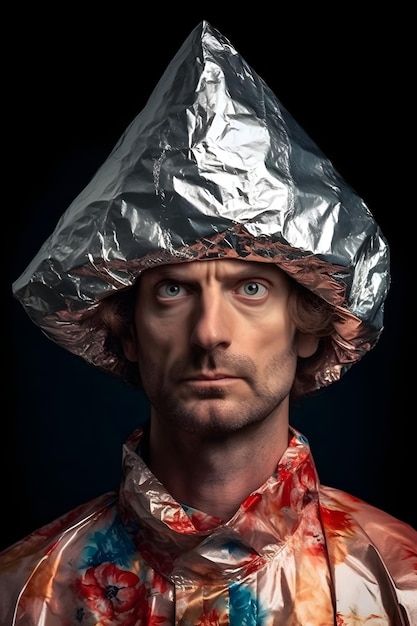 Homme caucasien suspect en chapeau d'aluminium regardant dans le réseau neuronal photoréaliste généré par la caméra