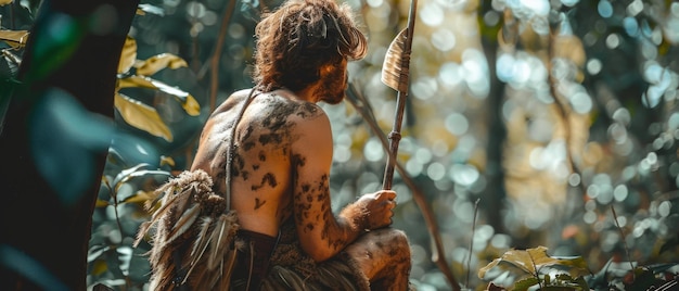 Photo un homme des cavernes vêtu de peau d'animal tient une lance à pointe de pierre et regarde autour de lui dans une chasse aux animaux dans la forêt préhistorique neanderthal à la chasse à la nourriture dans la jungle