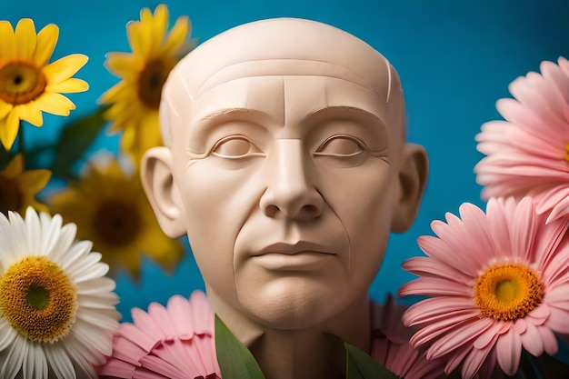 un homme de céramique blanche avec des fleurs et une tête d'un homme avec les yeux fermés.