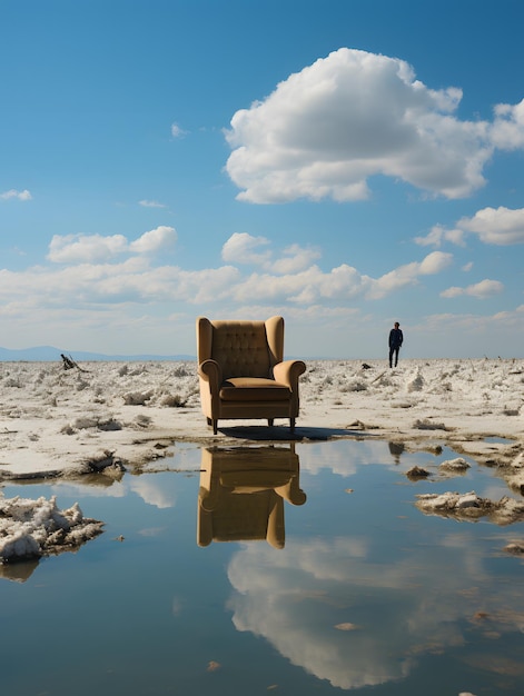 un homme avec une chaise et un ciel