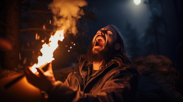 Un homme chante et joue de la guitare assis près du feu dans la nature.