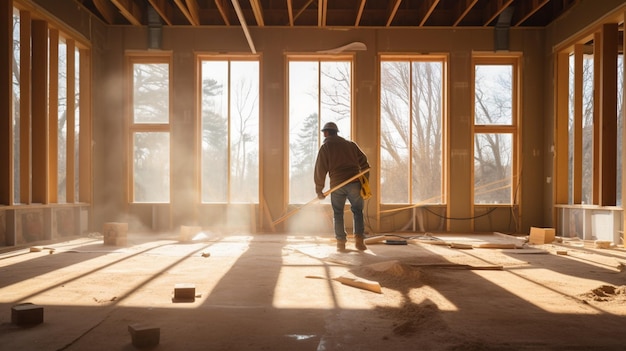 Un homme sur un chantier de construction avec une pelle à la main.