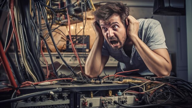 Photo l'homme et le chaos des fils électriques