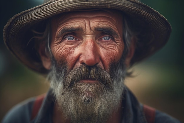 Un homme avec un chapeau et une barbe regarde la caméra.