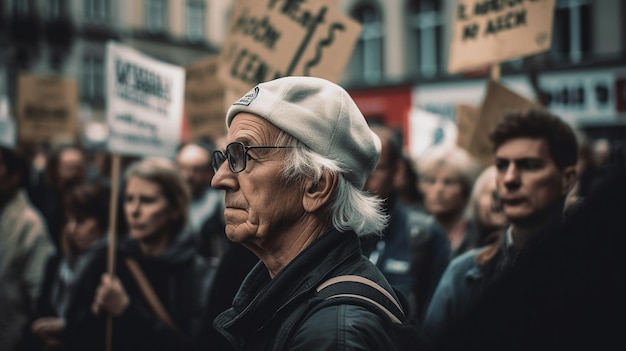 Un homme avec un chapeau blanc et des lunettes se tient devant une foule tenant des pancartes disant "anti-guerre"