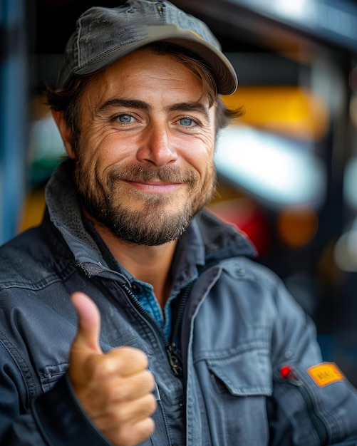 Un homme avec un chapeau bleu et un geste de pouce en l'air il sourit et il est heureux