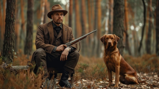 Photo un homme avec un chapeau brun et une veste est assis à côté d'un chien brun