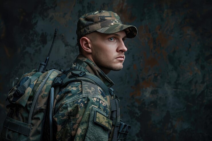 Photo un homme avec un chapeau et un camouflage sur le dos se tient devant un fond sombre
