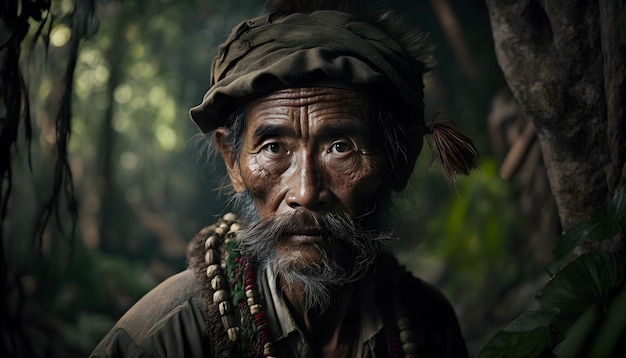 Un homme avec un chapeau et un chapeau se tient dans une forêt.