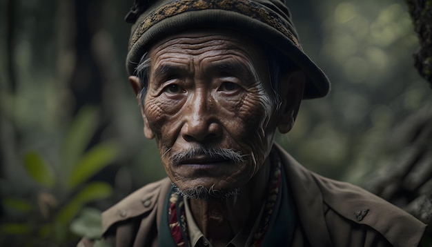 Un homme avec un chapeau et un chapeau se tient dans une forêt.