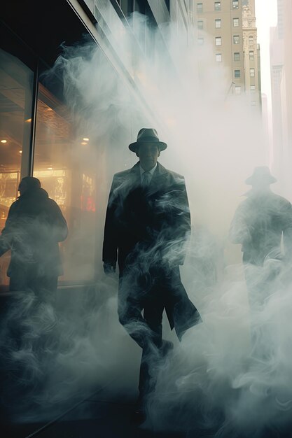 un homme en chapeau et un chapeau se tient devant un magasin