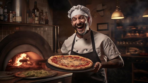 Photo un homme avec un chapeau de chef souriant et tenant une pizza