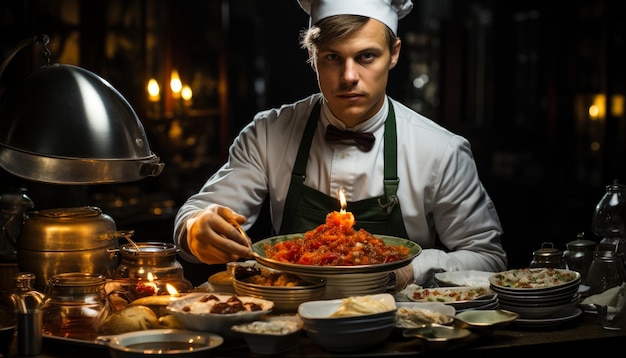 Un homme en chapeau de chef tient une assiette de nourriture.