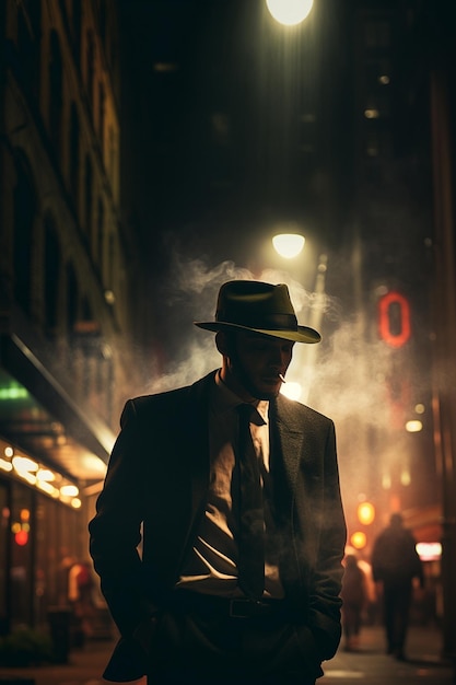 un homme avec un chapeau et un costume marche dans une rue.