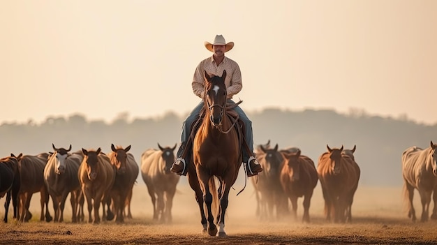 Un homme en chapeau de cow-boy conduit un troupeau de chevaux.