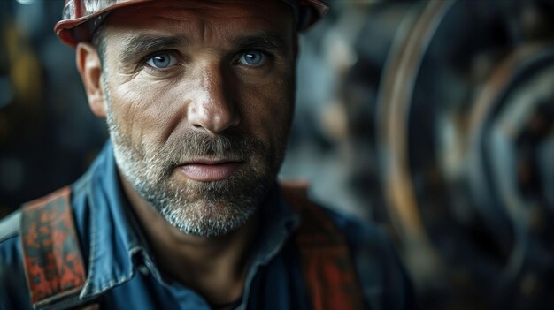 Un homme avec un chapeau dur regardant la caméra.