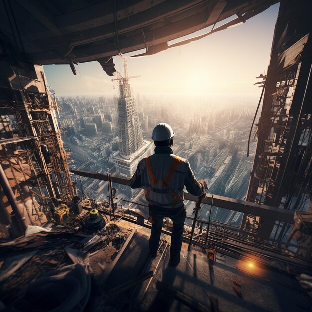 Photo un homme avec un chapeau dur regarde par une fenêtre un grand bâtiment.