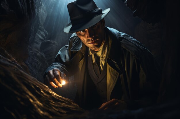 Un homme avec un chapeau examine une roche dans une grotte.