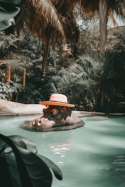 Un homme avec un chapeau flotte dans une piscine Image AI générative