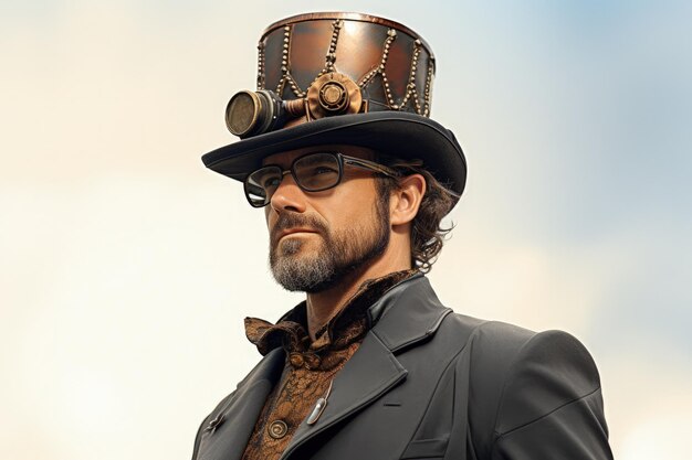 Homme en chapeau haut et costume dans le style steampunk concept de technologie rétro IA générative