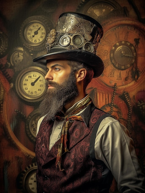 Un homme avec un chapeau haut de forme et une horloge sur le mur