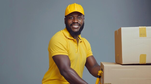 Photo un homme avec un chapeau jaune tient une boîte avec le mot dessus