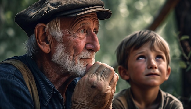 Photo a, homme, à, a, chapeau, et, a, jeune garçon, recherche