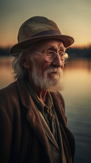 Un homme avec un chapeau et des lunettes se tient sur un quai devant un coucher de soleil