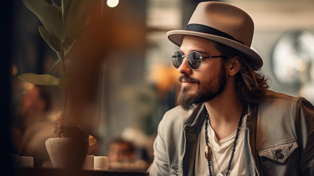 Un homme avec un chapeau et des lunettes de soleil assis à la table ai