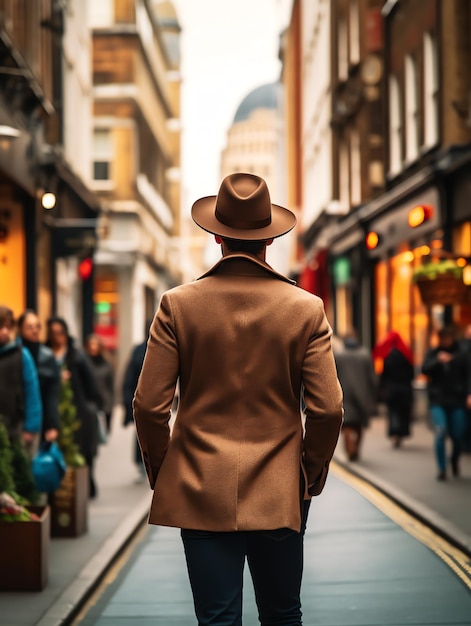homme avec un chapeau marchant dans les rues de Londres homme de voyage avec blog de voyage de paysage