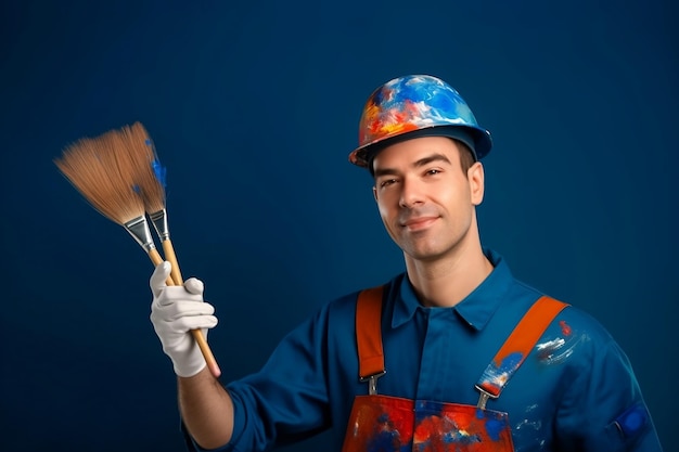 Un homme avec un chapeau orange et bleu tenant un pinceau.