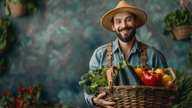 Un homme avec un chapeau de paille tenant un panier de légumes