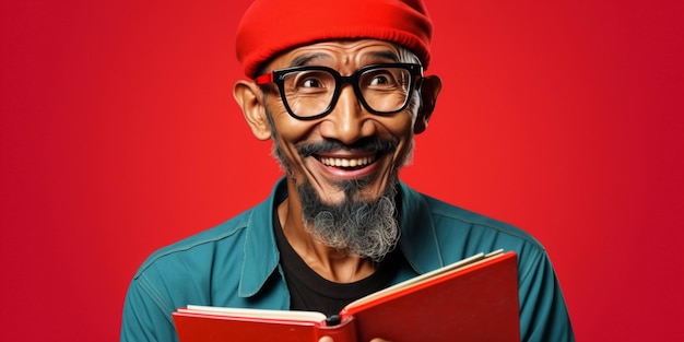 Photo un homme avec un chapeau rouge et des lunettes tient un livre dans ses mains.