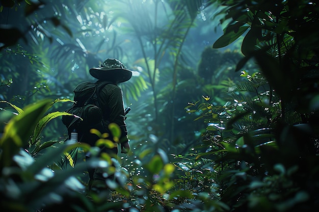 Un homme avec un chapeau se promène dans la jungle.