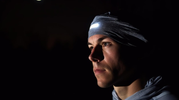 Un homme avec un chapeau se tient dans le noir avec la lumière allumée.