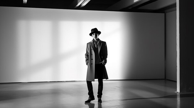 un homme avec un chapeau se tient devant un mur avec un chapeau.