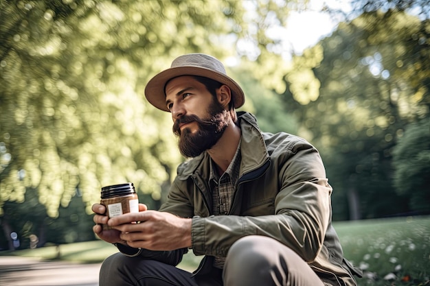 Un homme avec un chapeau et une tasse de café Generative Ai